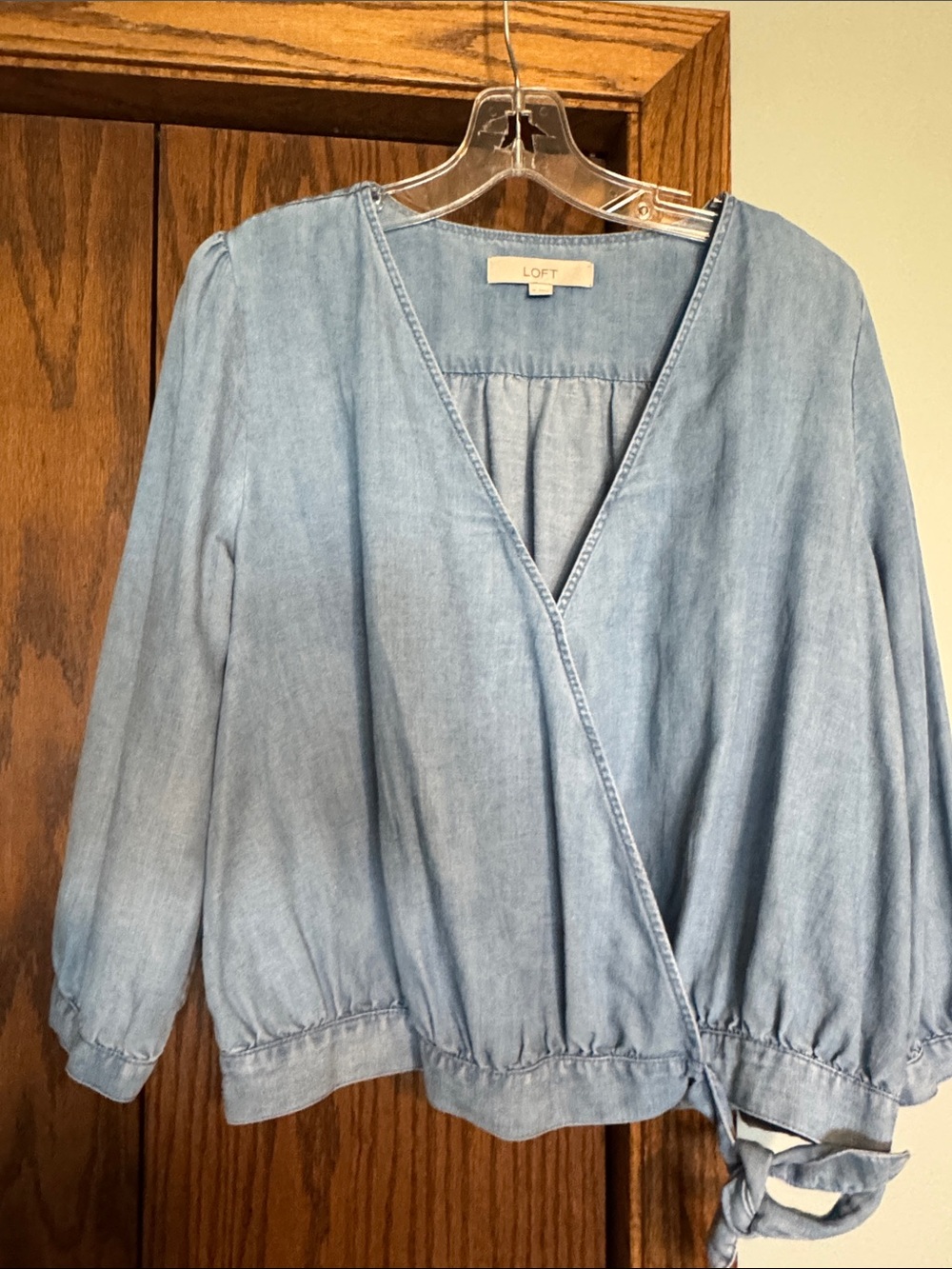 LOFT Light Blue Chambray Tie-Waist Wrap Blouse